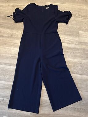 Karl Lagerfeld Navy Wide-Leg Jumpsuit with Ruffle Tie Sleeves